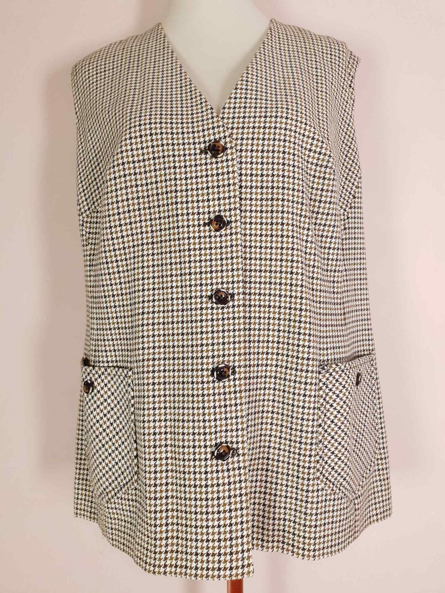 1980s Vintage Wool Brown Waistcoat Check Vest Houndstooth Ladies
