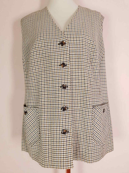 Vintage Wool Brown Houndstooth Waistcoat Check Vest Oversized 1980s - English Classics