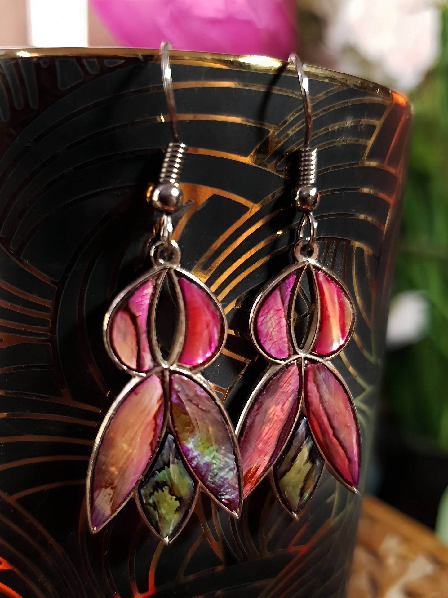 Vintage Abalone Shell Earrings Niru Boho Dangle Drop Multi-Coloured 1980s
