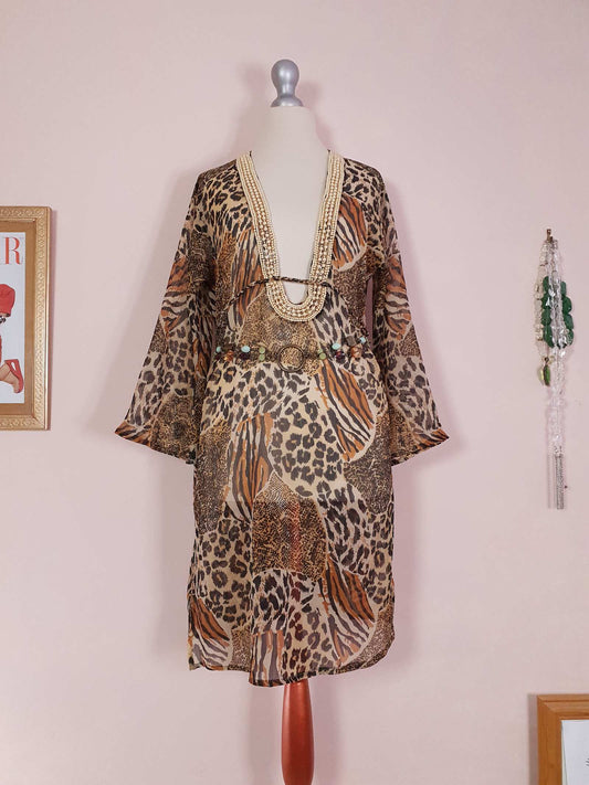 Vintage 1980s Animal Print Kaftan Retro Chiffon Bohemian Beaded Caftan