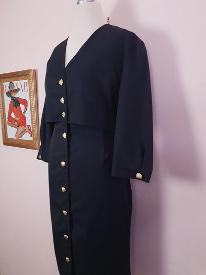 Vintage Black Dress Midi Gold Shells Retro 1980s- Size 12