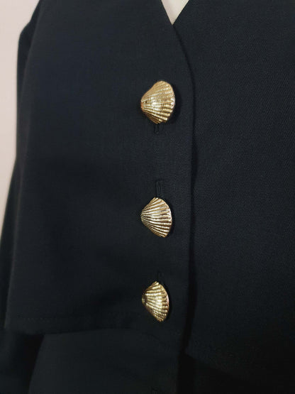 Vintage Black Dress Midi Gold Shells Retro 1980s- Size 12