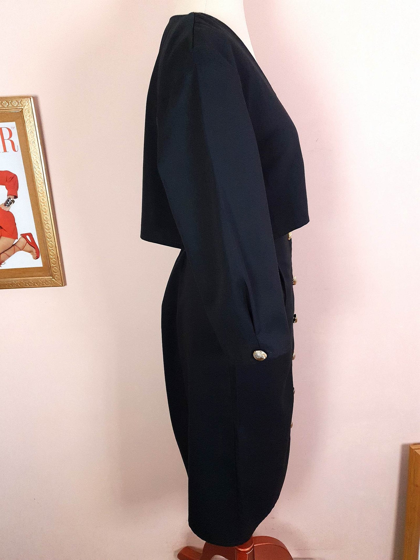 Vintage Black Dress Midi Gold Shells Retro 1980s- Size 12