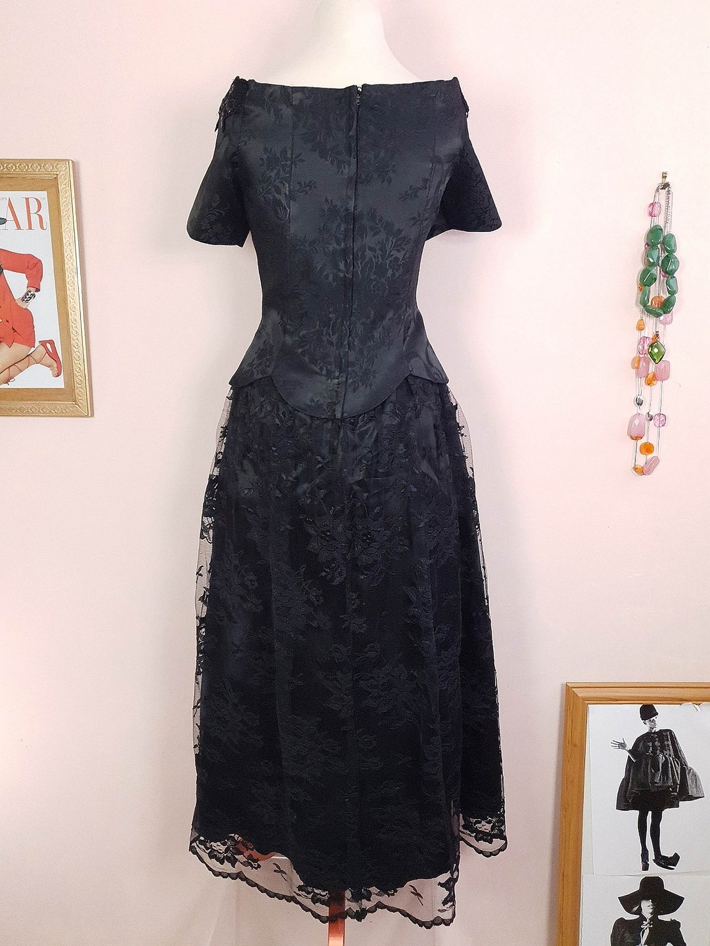Vintage Black Evening Dress 1980s Scott McClintock Lace Sequins - Size 14 Party LBD Cocktail