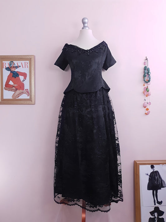 Vintage Black Evening Dress 1980s Scott McClintock Lace Sequins - Size 14 Party LBD Cocktail