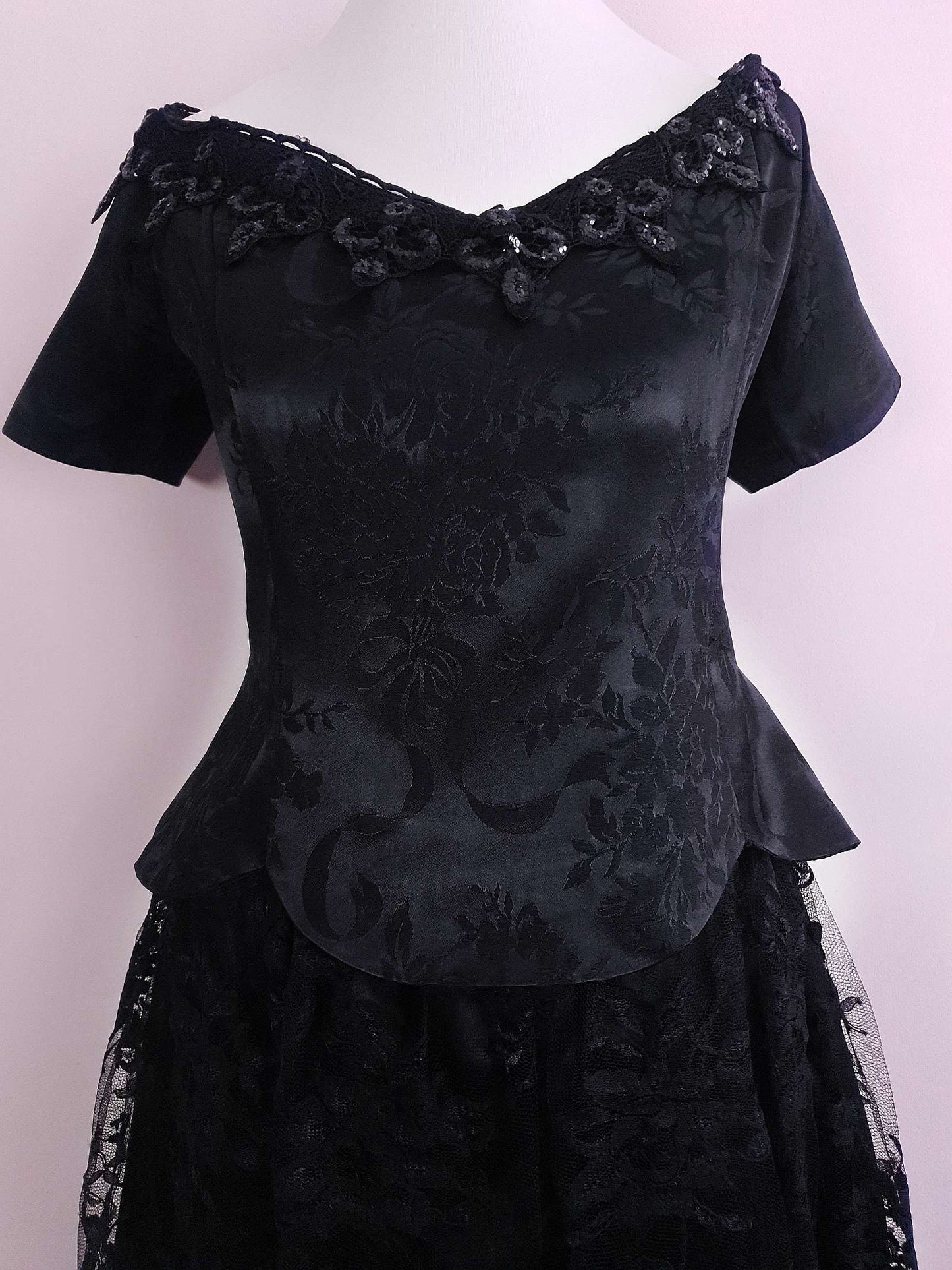 Vintage Black Evening Dress 1980s Scott McClintock Lace Sequins - Size 14 Party LBD Cocktail