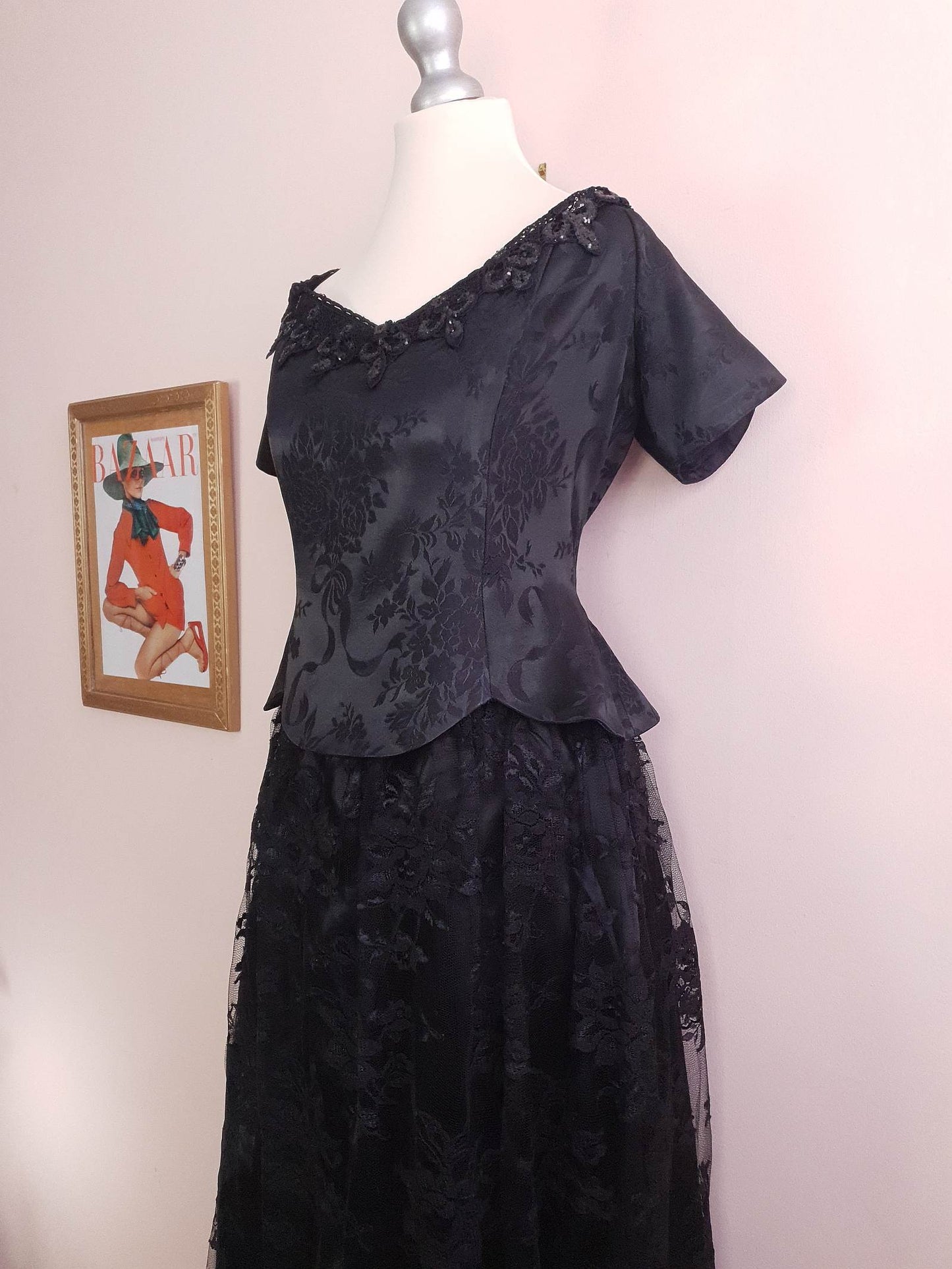 Vintage Black Evening Dress 1980s Scott McClintock Lace Sequins - Size 14 Party LBD Cocktail