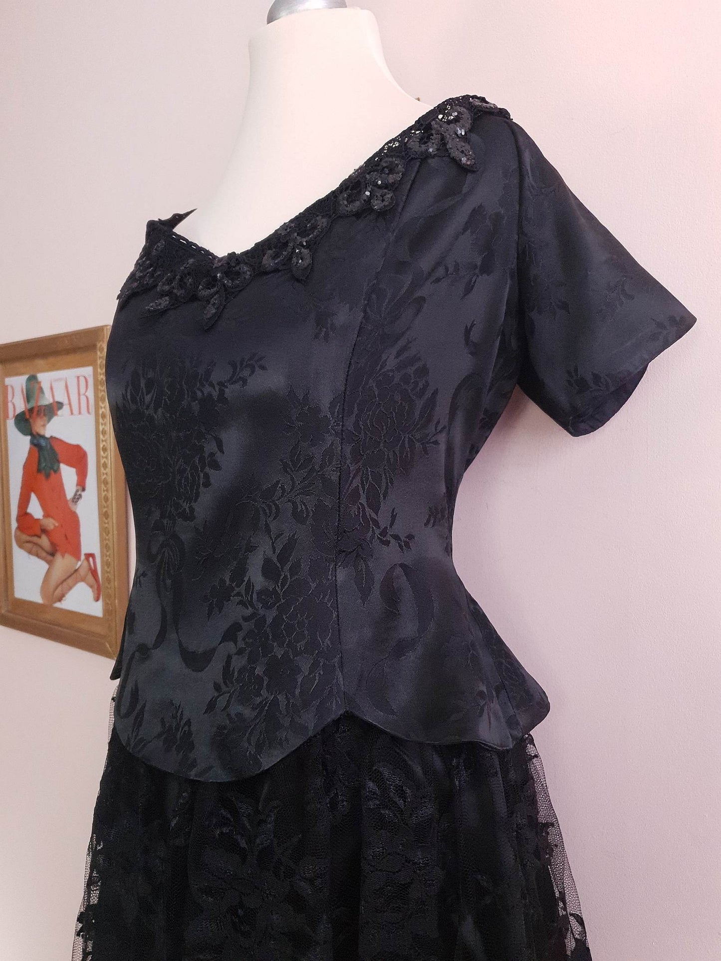 Vintage Black Evening Dress 1980s Scott McClintock Lace Sequins - Size 14 Party LBD Cocktail