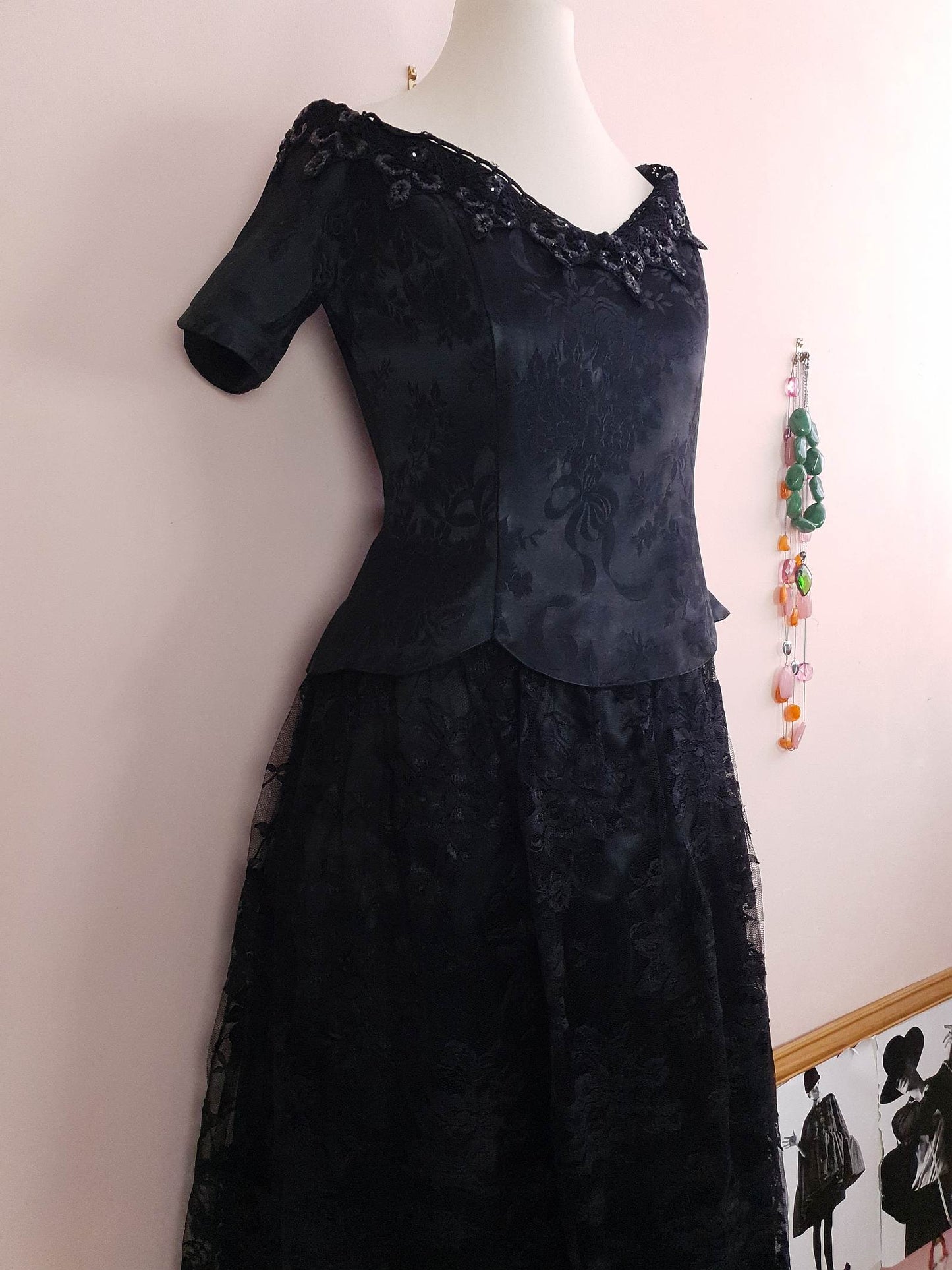 Vintage Black Evening Dress 1980s Scott McClintock Lace Sequins - Size 14 Party LBD Cocktail