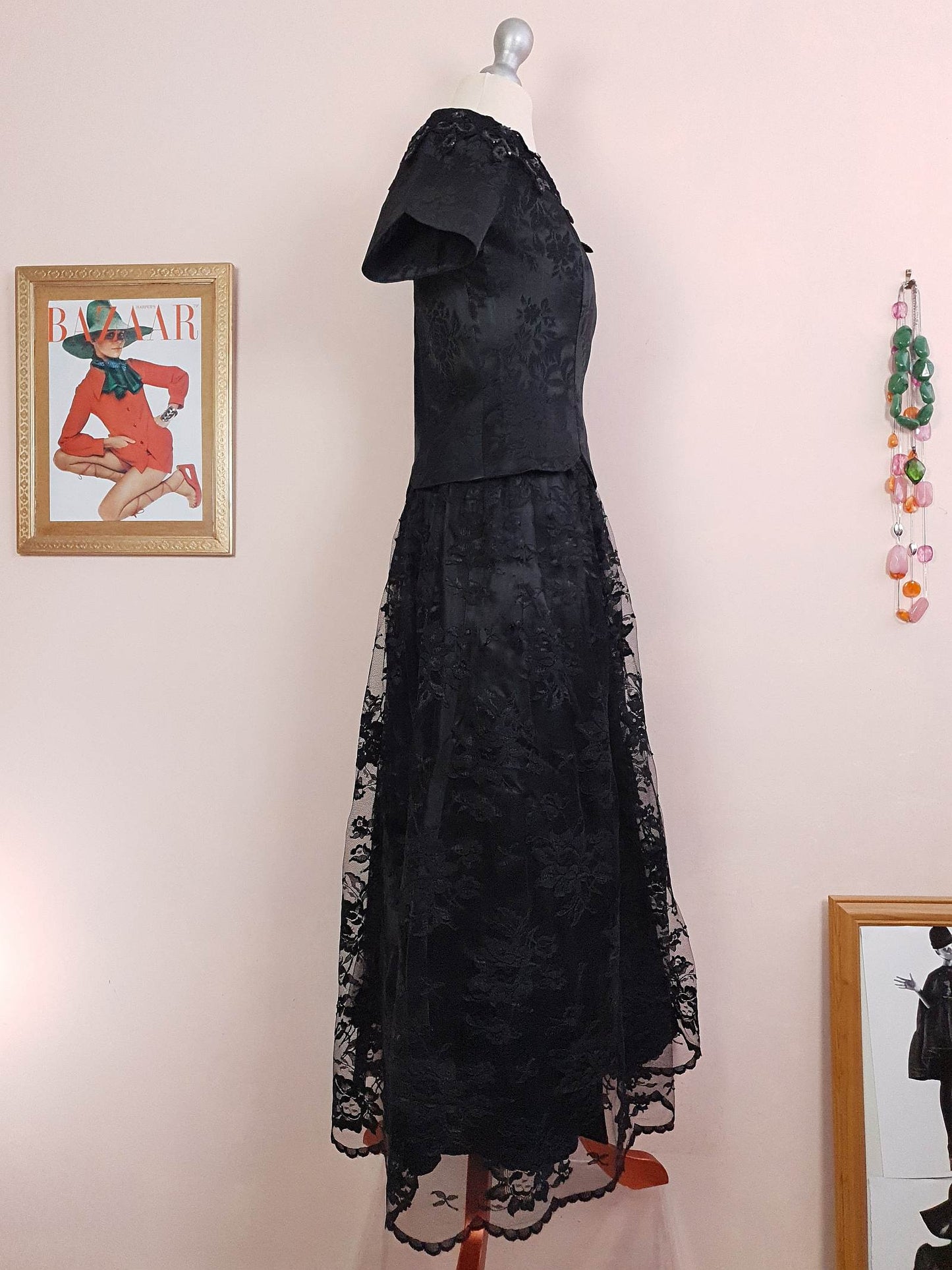 Vintage Black Evening Dress 1980s Scott McClintock Lace Sequins - Size 14 Party LBD Cocktail
