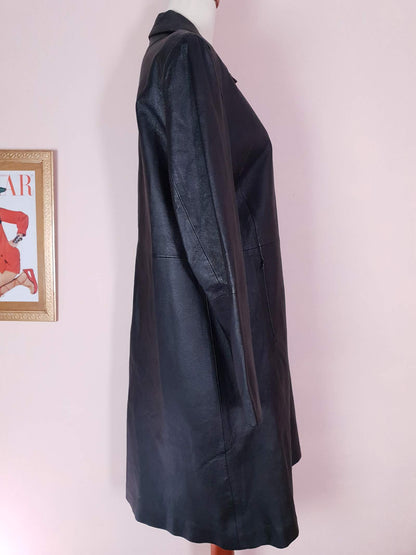 Vintage 1980s Black Leather Trench Coat Size 14