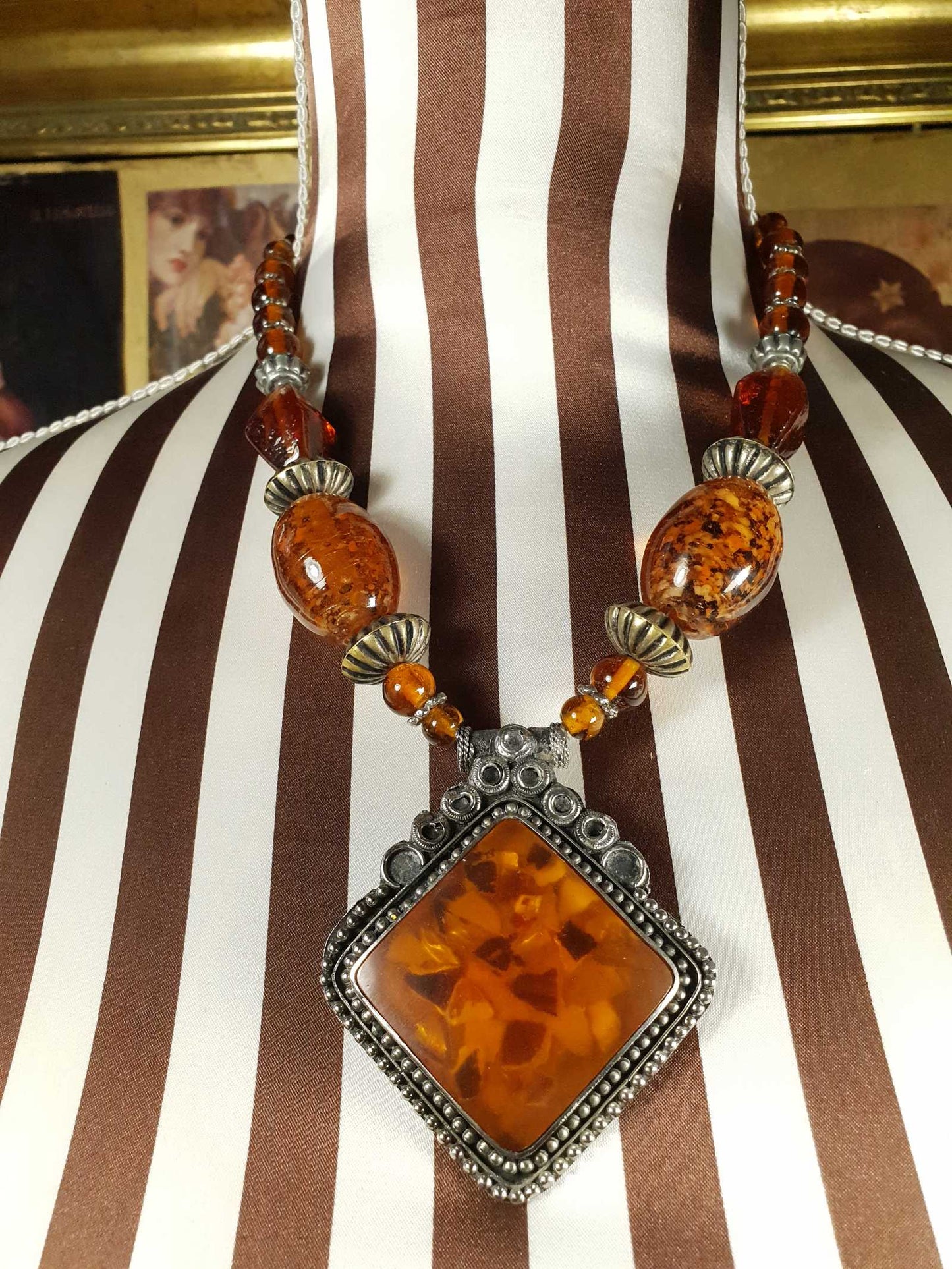 Vintage 1980s Bohemian Statement Necklace Amber Coloured Pendant Boho