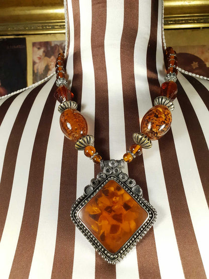 Vintage 1980s Bohemian Statement Necklace Amber Coloured Pendant Boho