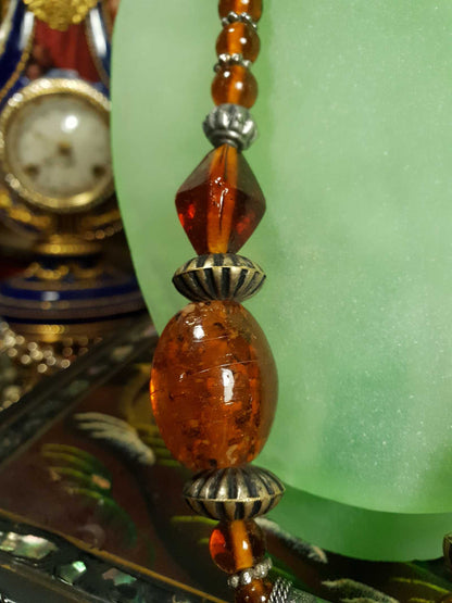 Vintage 1980s Bohemian Statement Necklace Amber Coloured Pendant Boho