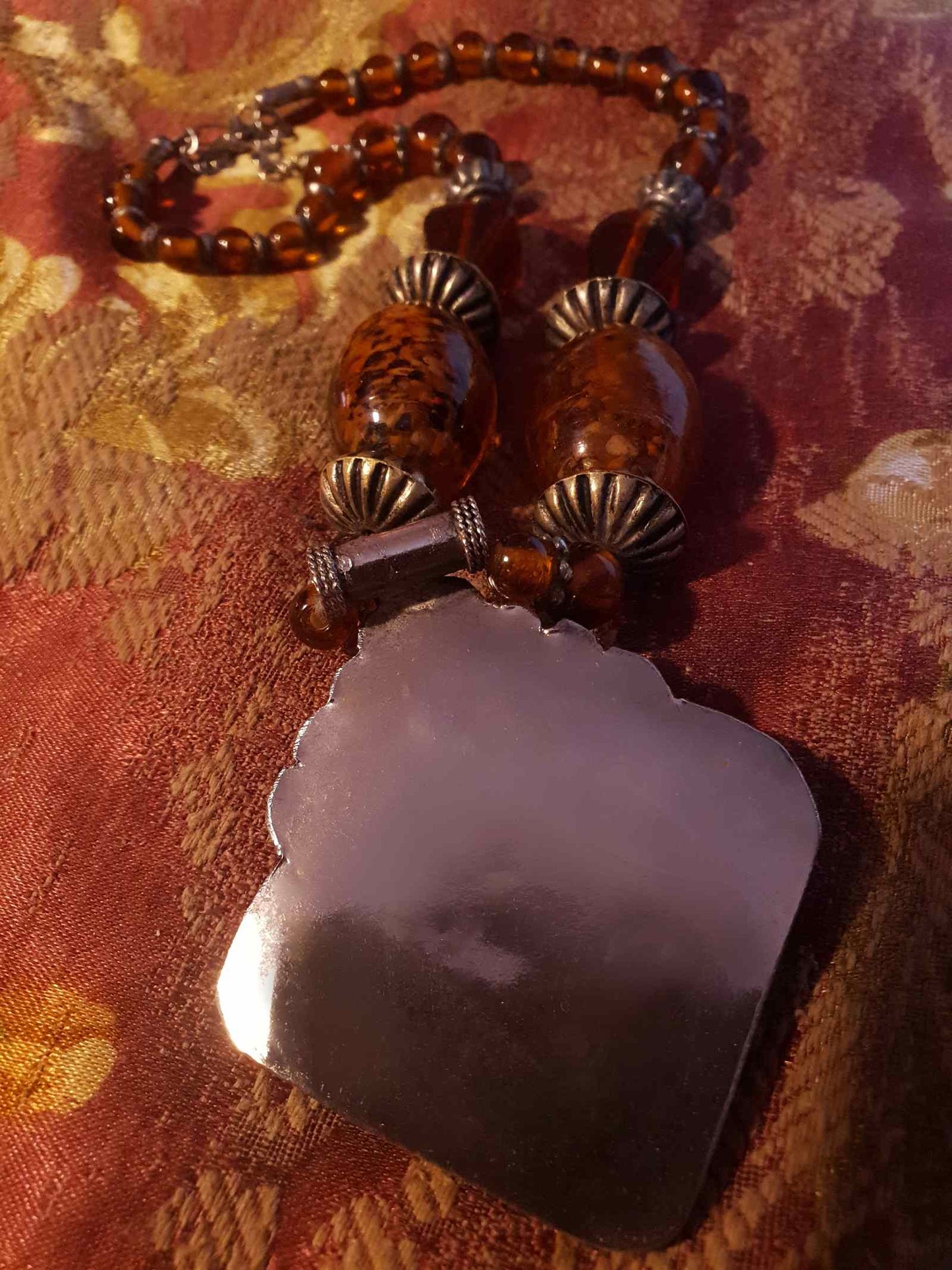 Vintage 1980s Bohemian Statement Necklace Amber Coloured Pendant Boho