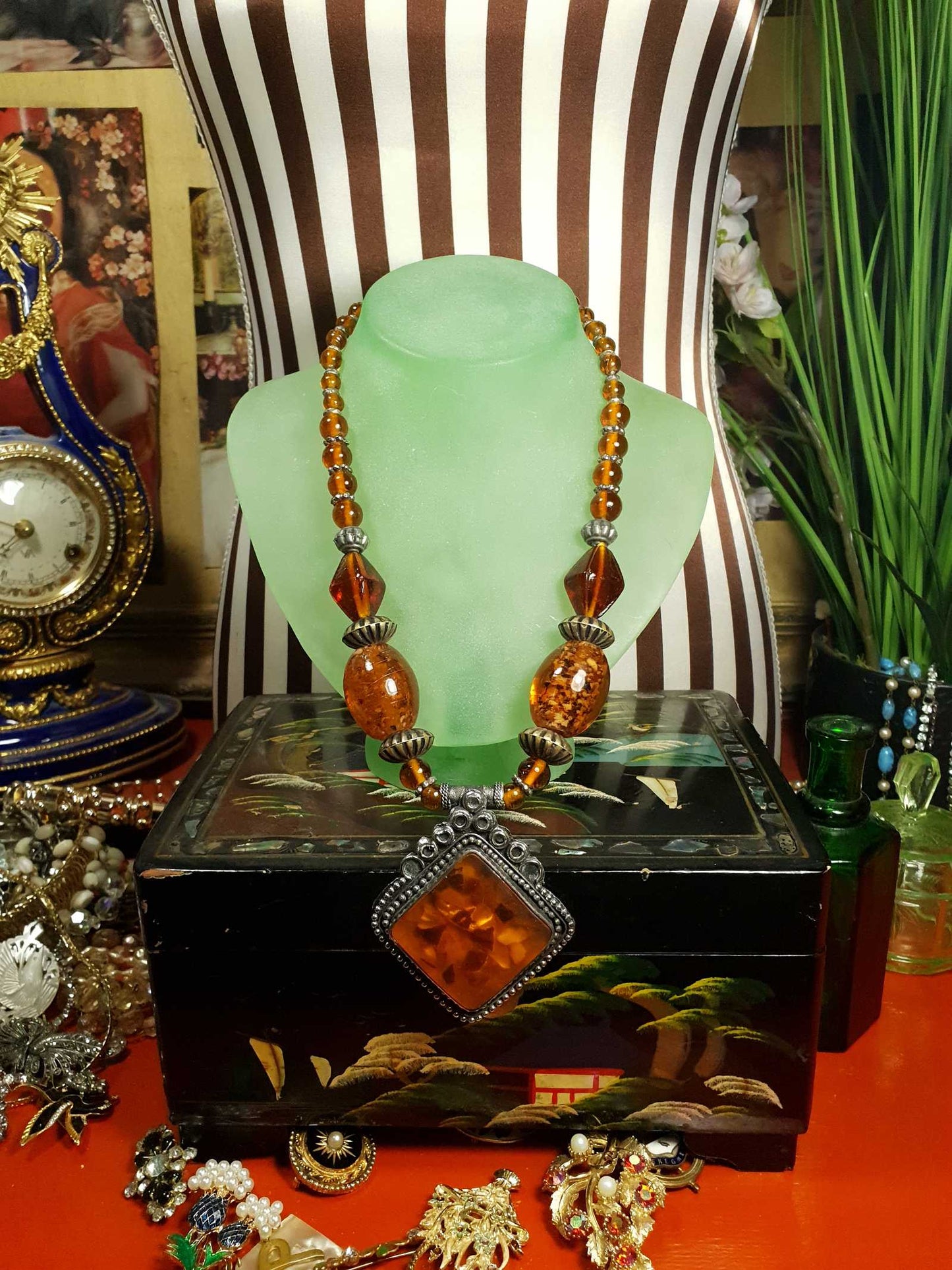 Vintage 1980s Bohemian Statement Necklace Amber Coloured Pendant Boho