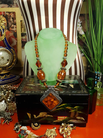 Vintage 1980s Bohemian Statement Necklace Amber Coloured Pendant Boho