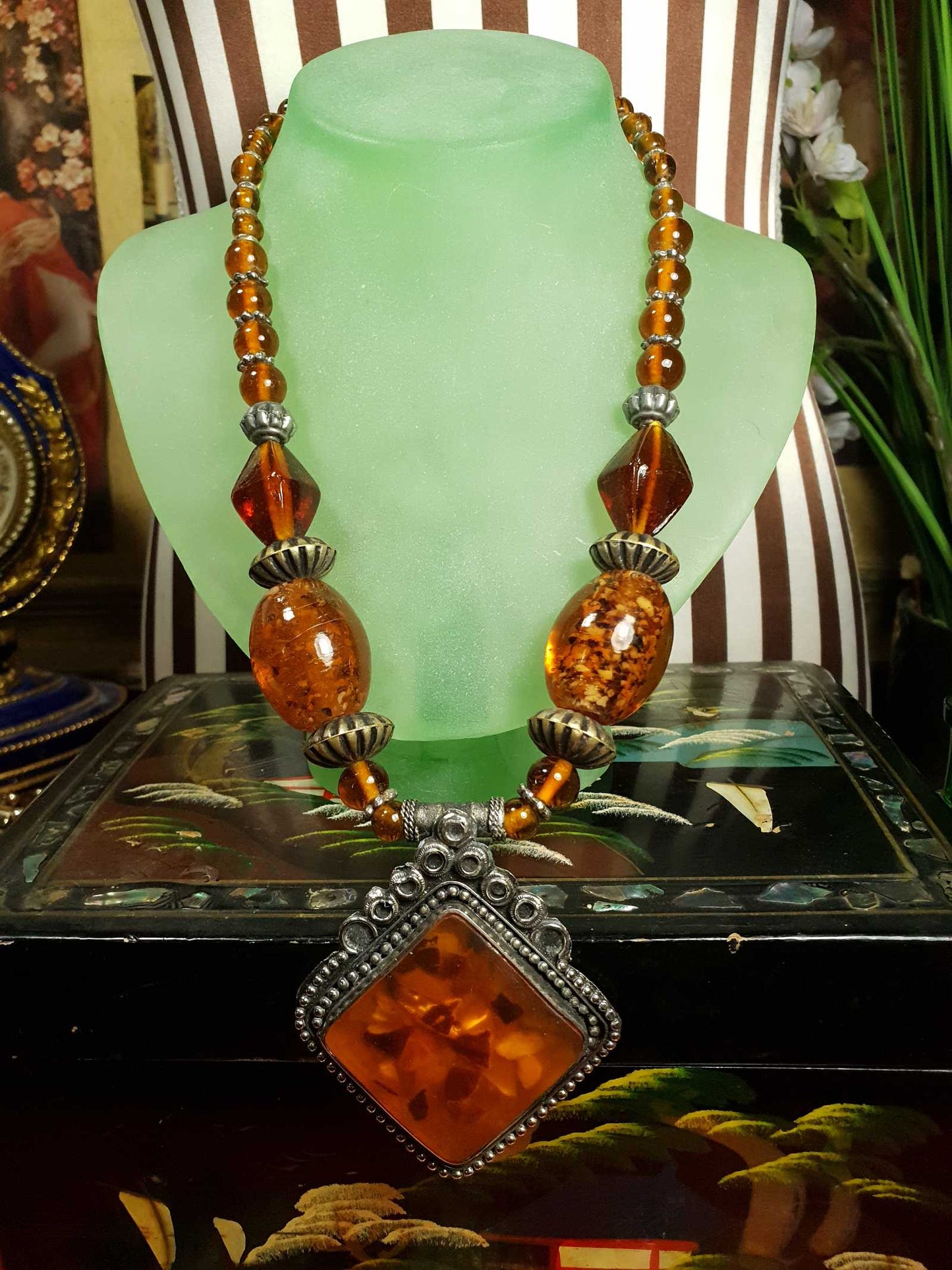 Vintage 1980s Bohemian Statement Necklace Amber Coloured Pendant Boho