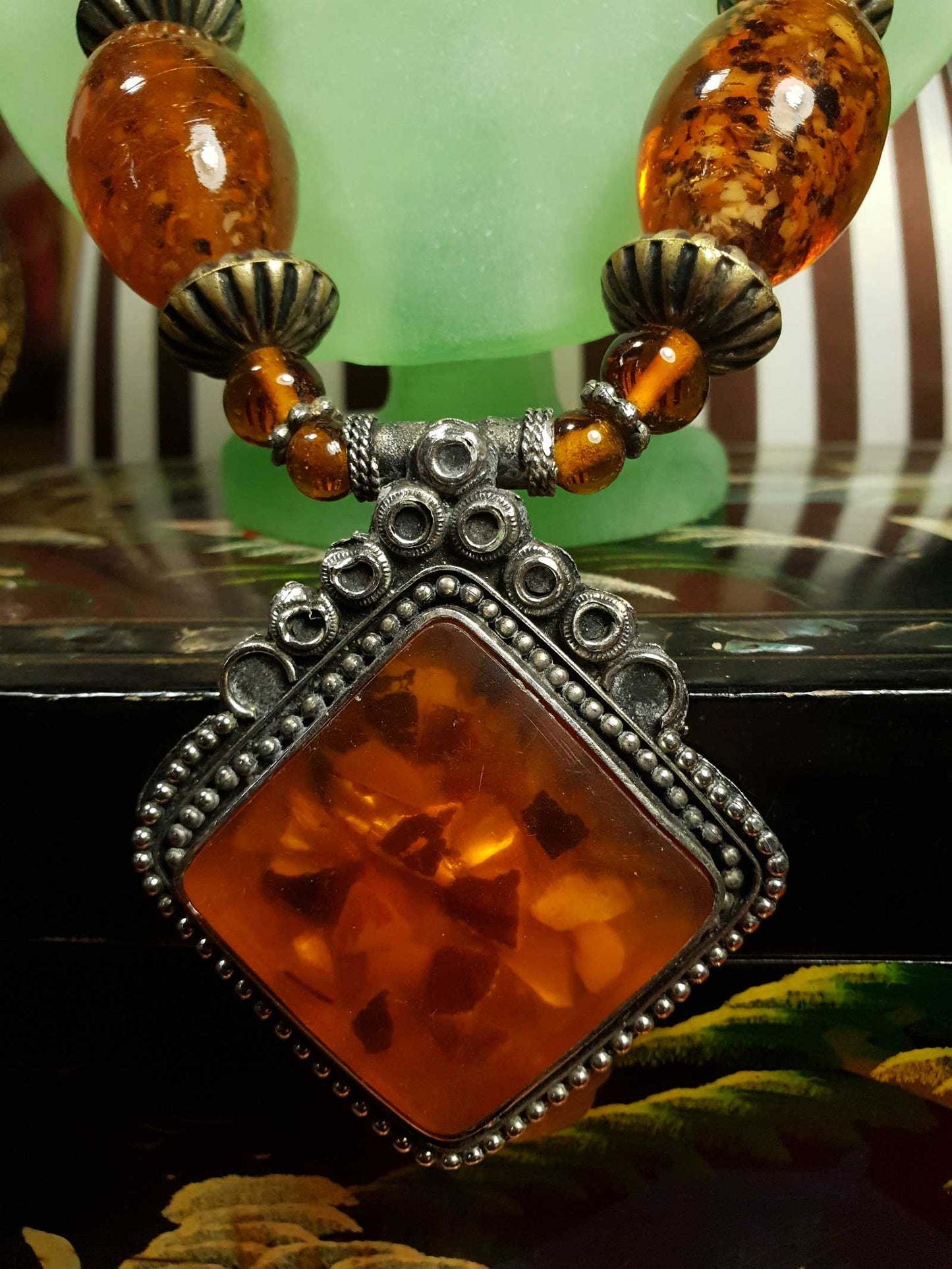 Vintage 1980s Bohemian Statement Necklace Amber Coloured Pendant Boho