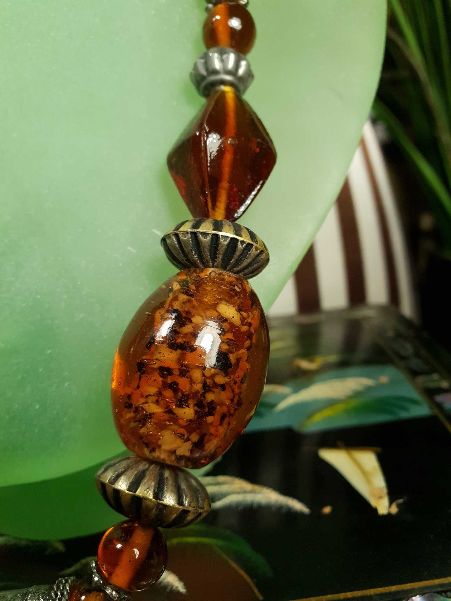 Vintage 1980s Bohemian Statement Necklace Amber Coloured Pendant Boho