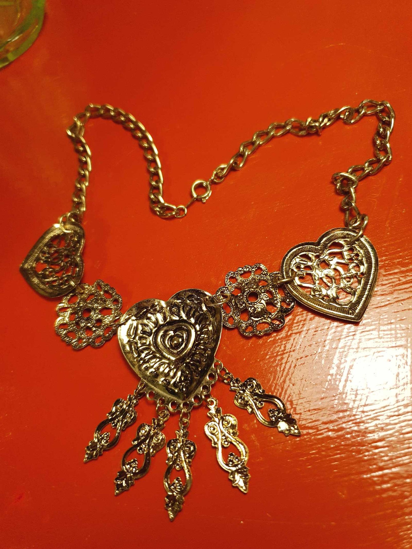 Vintage 1980s Filagree Heart Boho Necklace Bohemian Scrollwork