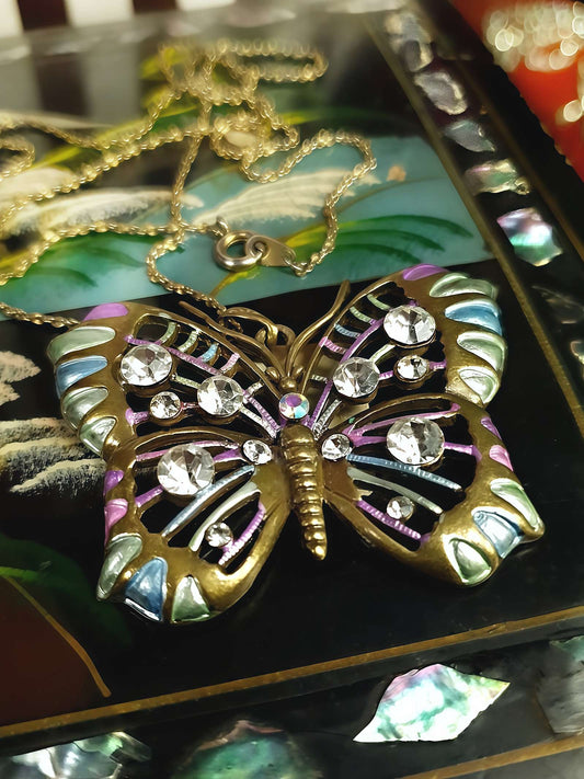 Vintage 1980s Brass Butterfly Necklace Pendant Rhinestone AB