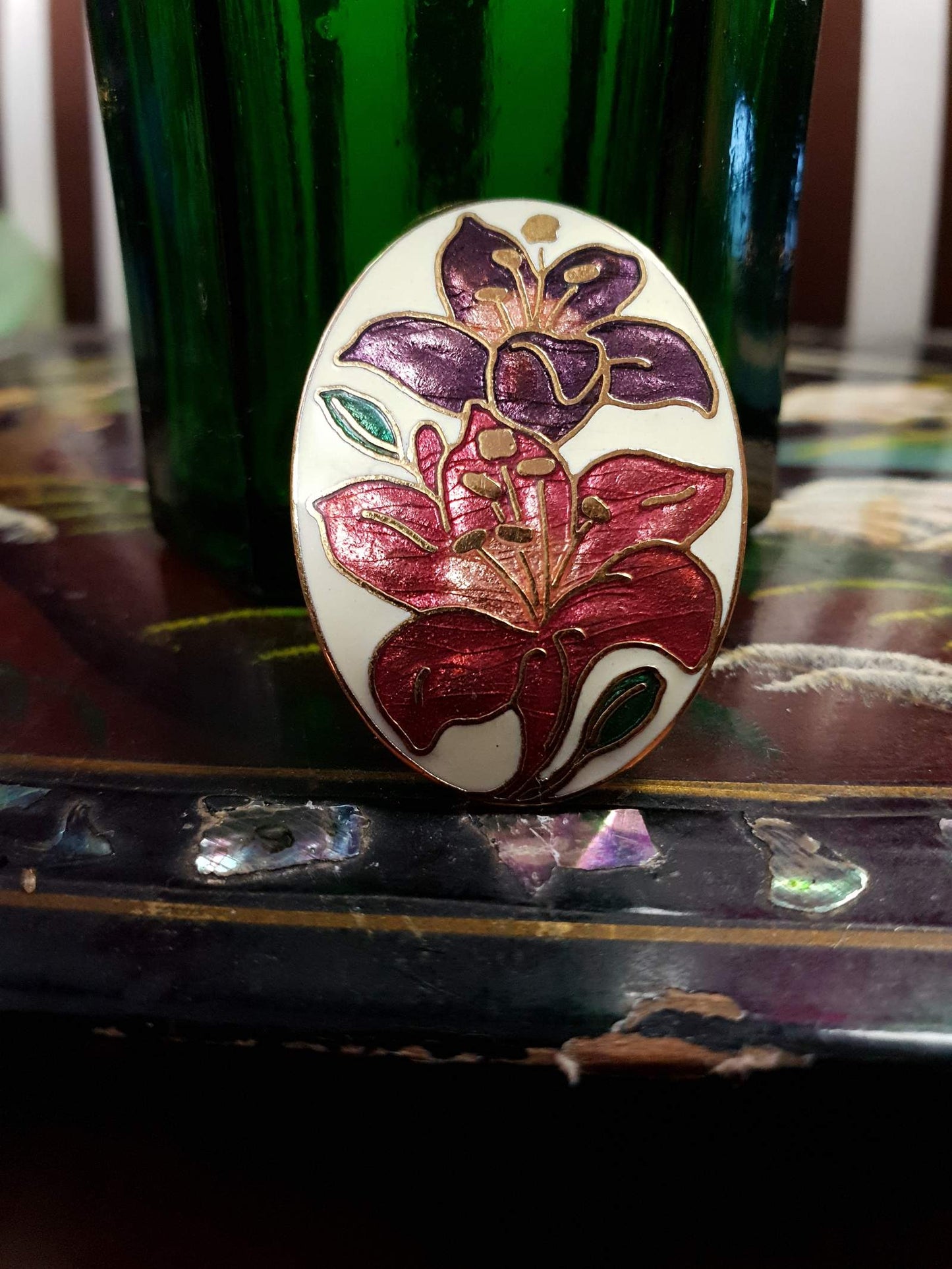 Vintage 1980s Cloisonne Iris Brooch Pin Oval Flower Enamel Fish & Crown Signed