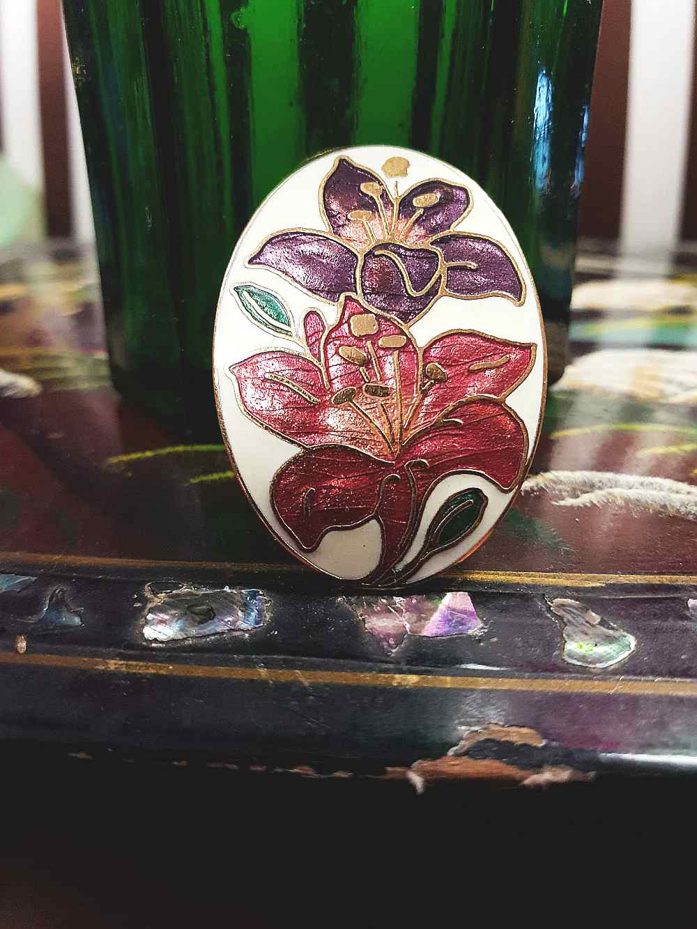 Vintage 1980s Cloisonne Iris Brooch Pin Oval Flower Enamel Fish & Crown Signed