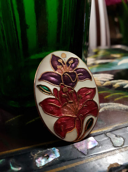 Vintage 1980s Cloisonne Iris Brooch Pin Oval Flower Enamel Fish & Crown Signed