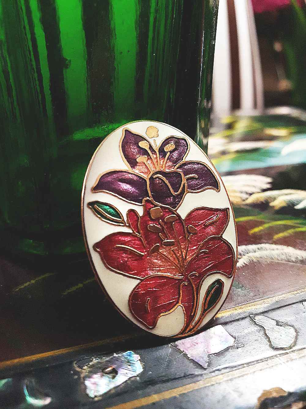 Vintage 1980s Cloisonne Iris Brooch Pin Oval Flower Enamel Fish & Crown Signed