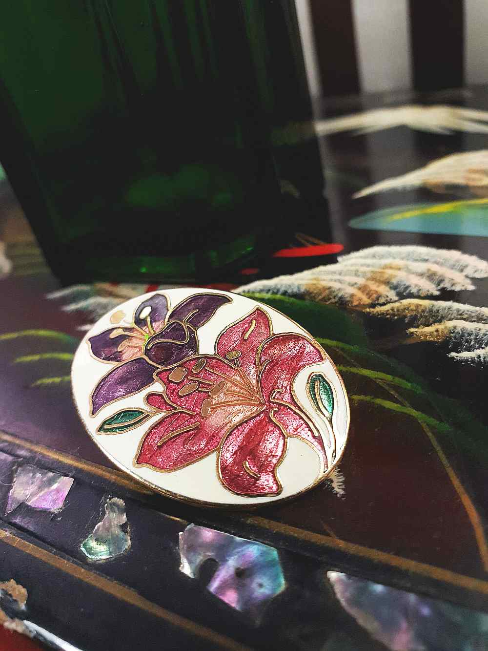 Vintage 1980s Cloisonne Iris Brooch Pin Oval Flower Enamel Fish & Crown Signed