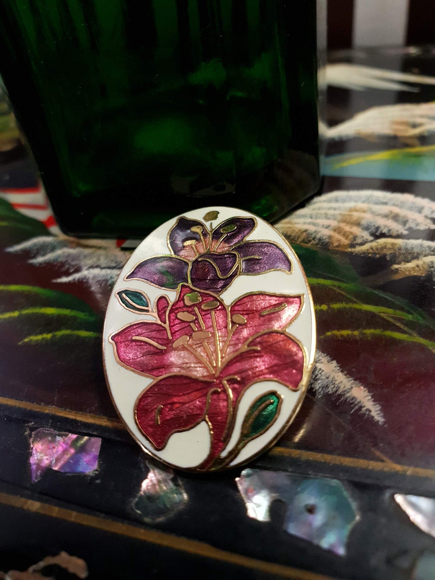 Vintage 1980s Cloisonne Iris Brooch Pin Oval Flower Enamel Fish & Crown Signed