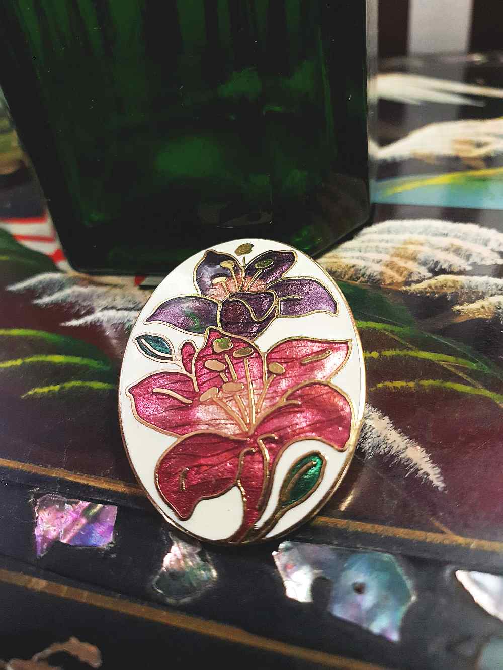 Vintage 1980s Cloisonne Iris Brooch Pin Oval Flower Enamel Fish & Crown Signed