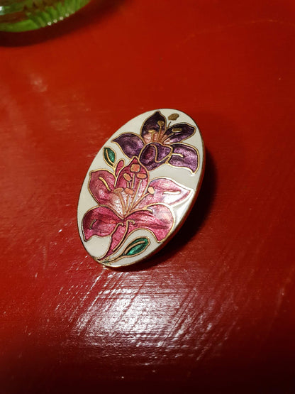 Vintage 1980s Cloisonne Iris Brooch Pin Oval Flower Enamel Fish & Crown Signed