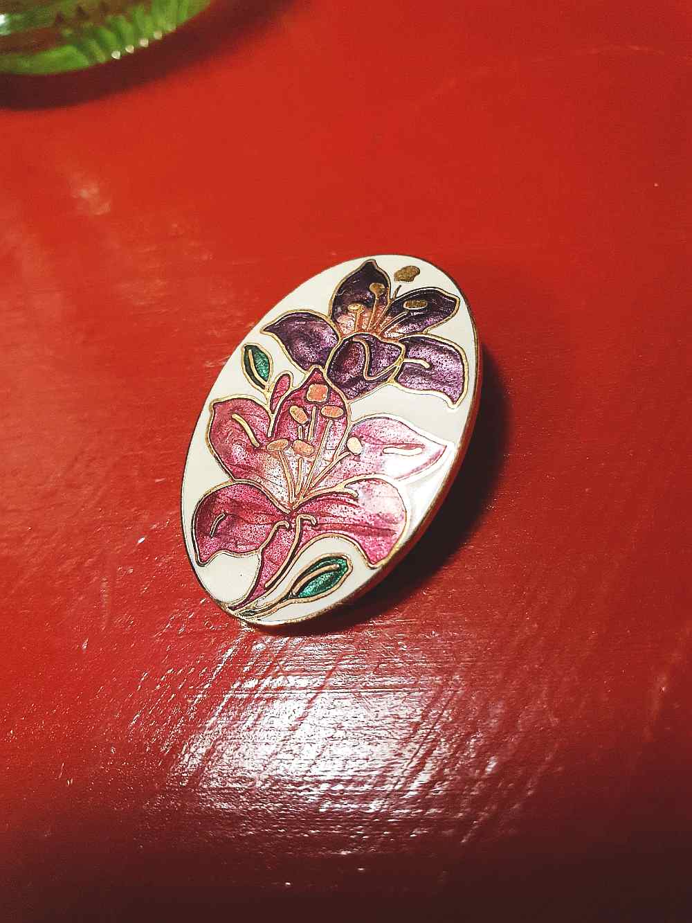 Vintage 1980s Cloisonne Iris Brooch Pin Oval Flower Enamel Fish & Crown Signed