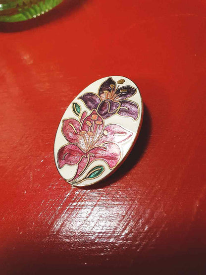 Vintage 1980s Cloisonne Iris Brooch Pin Oval Flower Enamel Fish & Crown Signed