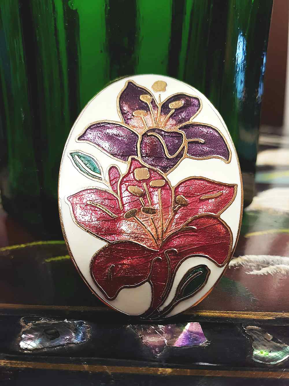 Vintage 1980s Cloisonne Iris Brooch Pin Oval Flower Enamel Fish & Crown Signed