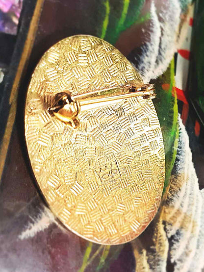 Vintage 1980s Cloisonne Iris Brooch Pin Oval Flower Enamel Fish & Crown Signed