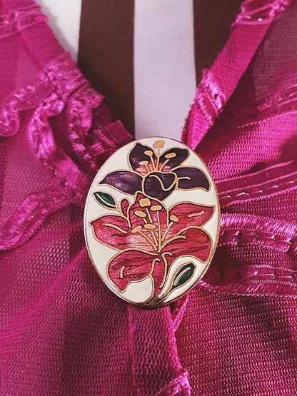 Vintage 1980s Cloisonne Iris Brooch Pin Oval Flower Enamel Fish & Crown Signed