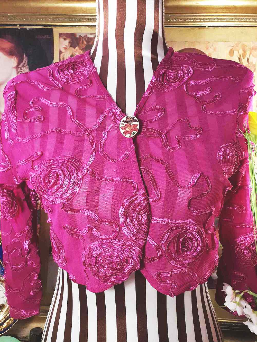 Vintage 1980s Cloisonne Iris Brooch Pin Oval Flower Enamel Fish & Crown Signed