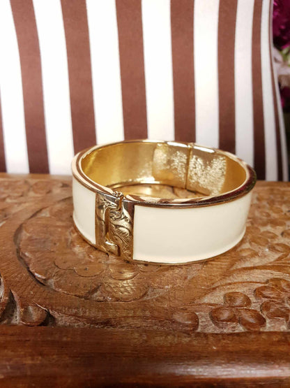 Vintage Cream Enamel Bangle Bracelet 1980s Gold Tone