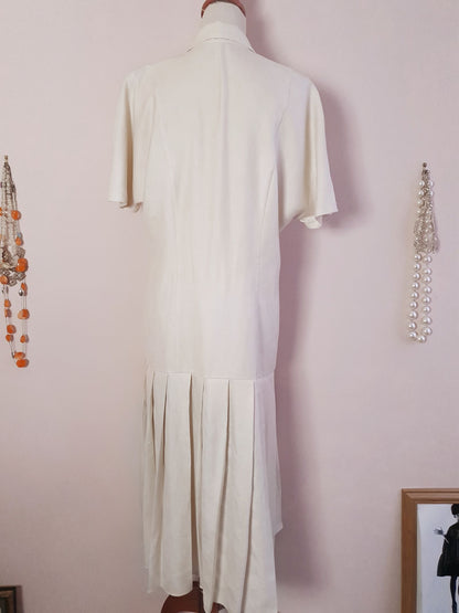 Vintage 1980s Alexon Cream Drop Waist Pleat Dress - English Classics Size 14