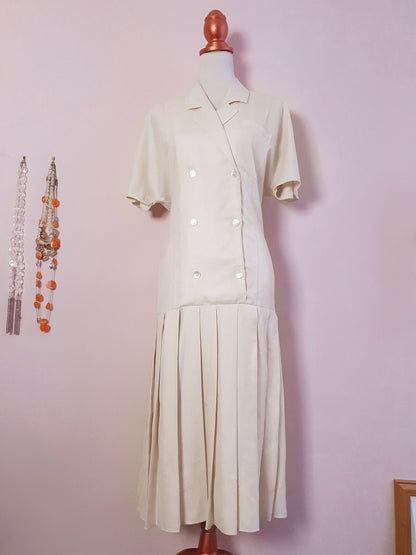 Vintage 1980s Alexon Cream Drop Waist Pleat Dress - English Classics Size 14