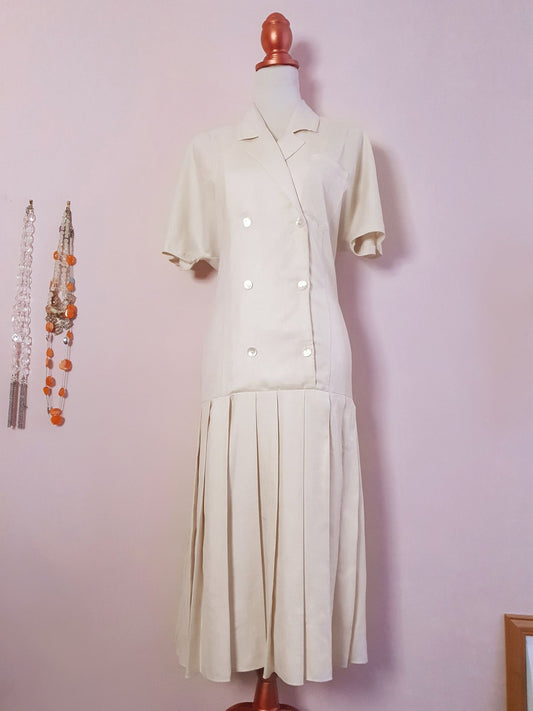 Vintage 1980s Alexon Cream Drop Waist Pleat Dress - English Classics Size 14
