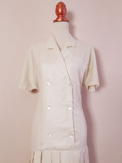 Vintage 1980s Alexon Cream Drop Waist Pleat Dress - English Classics Size 14