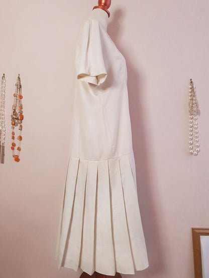 Vintage 1980s Alexon Cream Drop Waist Pleat Dress - English Classics Size 14