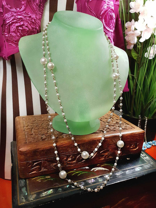Vintage 1980s White Faux Pearl Necklace 46" Long