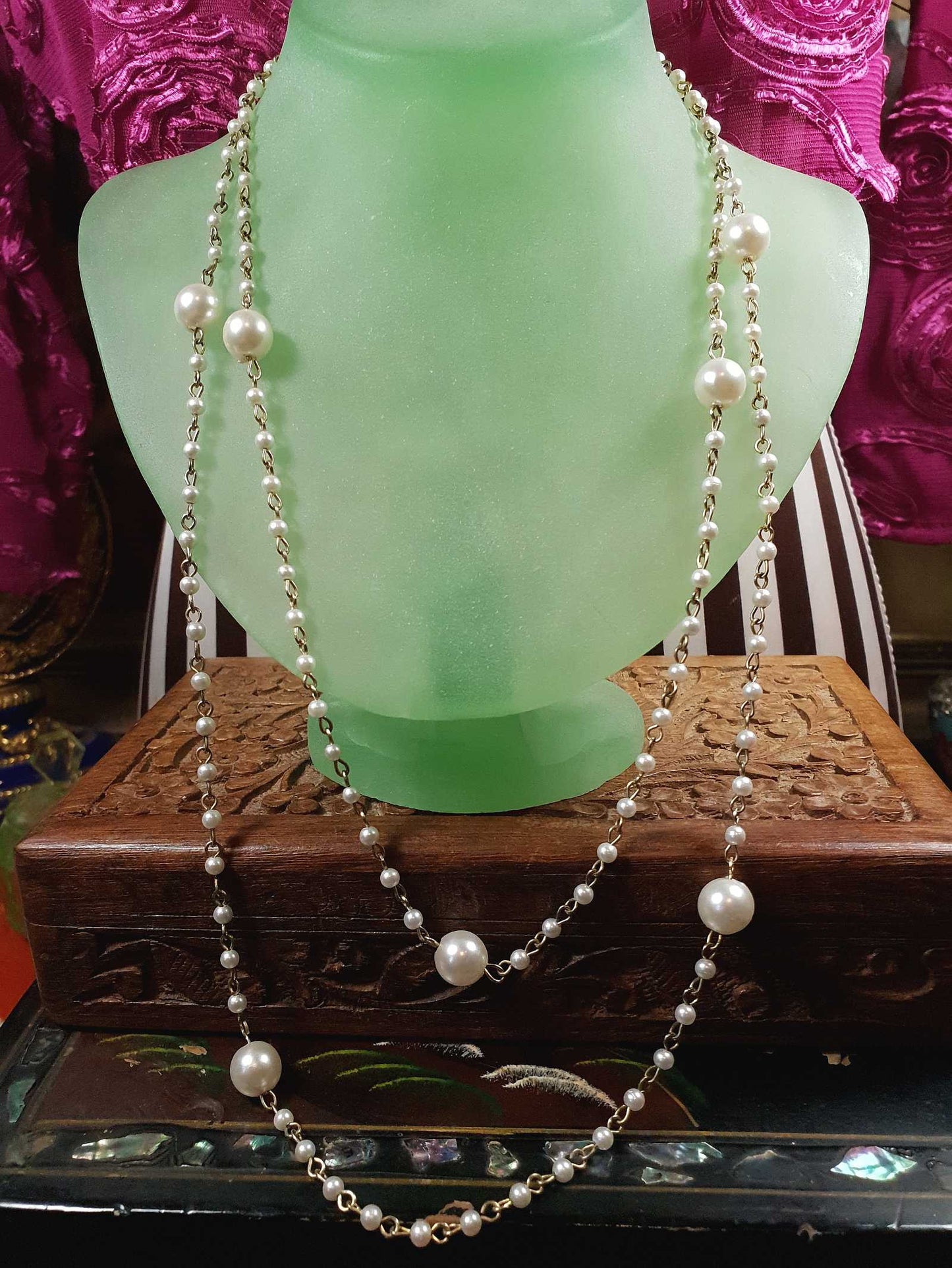 Vintage 1980s White Faux Pearl Necklace 46" Long