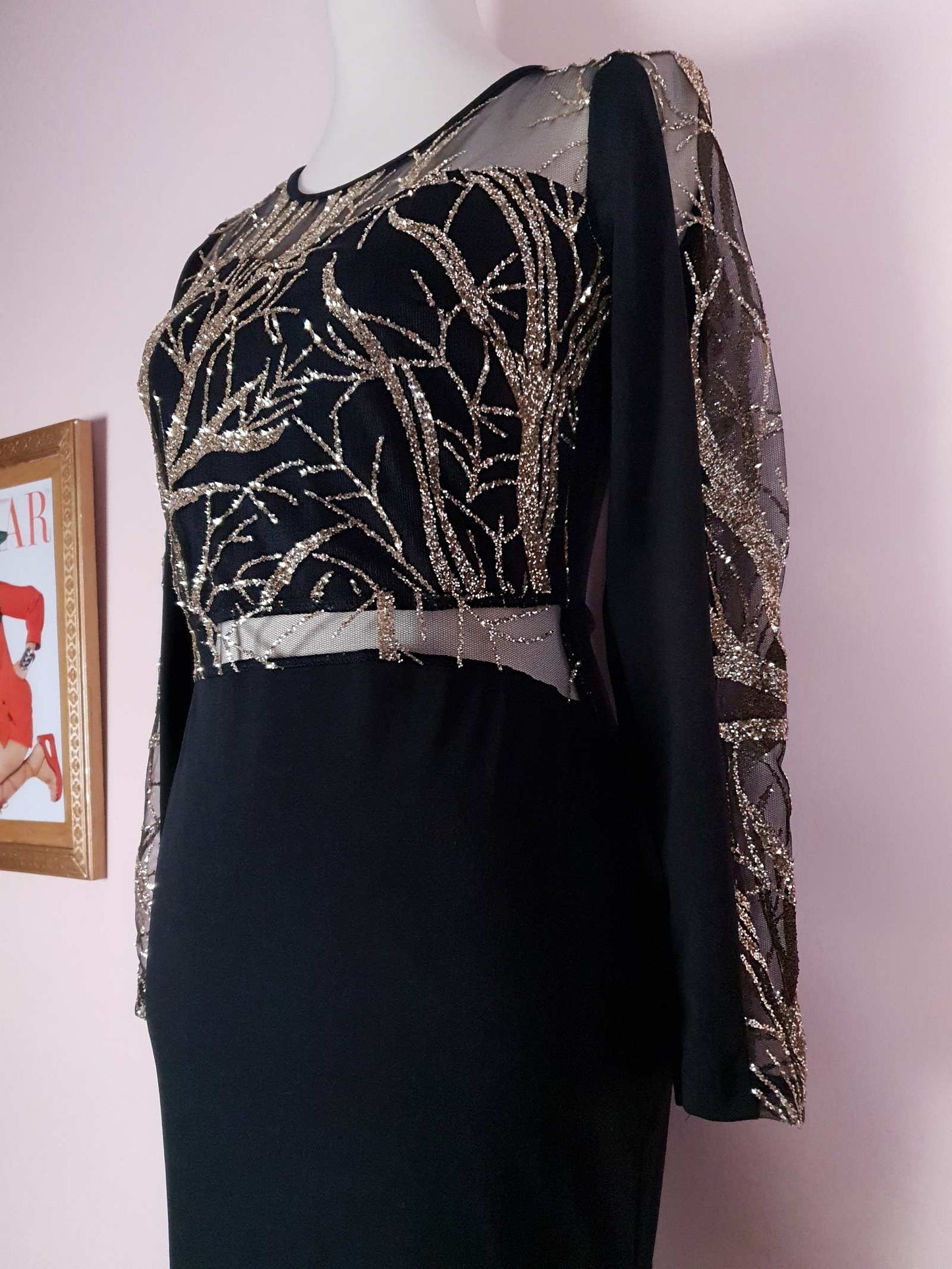 Glitter Spectacular 1980s Vintage Black Evening Gown Maxi Dress - Size 10