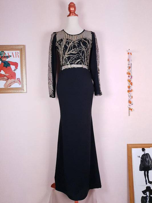 Glitter Spectacular 1980s Vintage Black Evening Gown Maxi Dress - Size 10